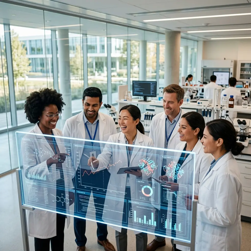 Scientists collaborating in a modern lab